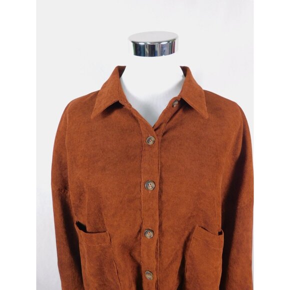Corduroy Shirt Womens Medium Brown Oversized Button Front Pockets Shacket - Picture 2 of 12